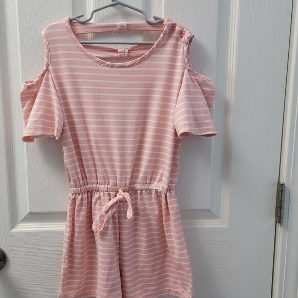 btween Striped Cold Shoulder Romper Short Sleeves Pink White Size 10 - Picture 2 of 15